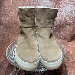 J/Slides NYC Shearling-Lined Suede Platform Booties Tan Women’s 8